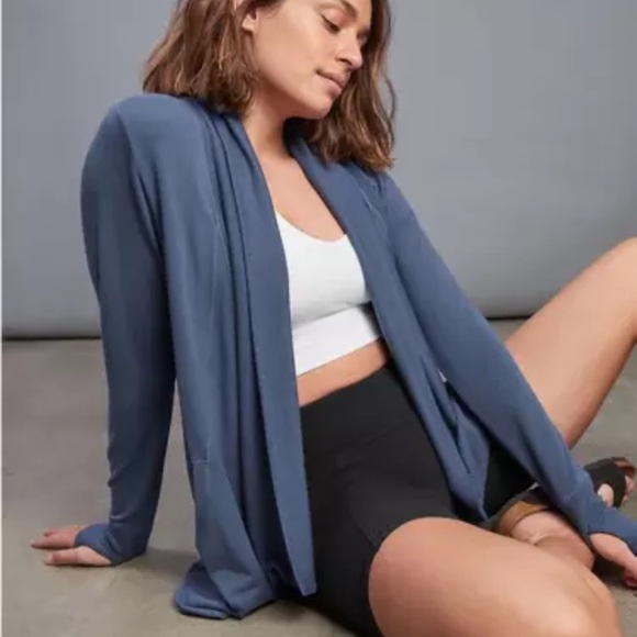 Athleta Pranayama Wrap Chrome Blue BREATHABLETravel Commute Cardigan Stretch - Picture 1 of 6